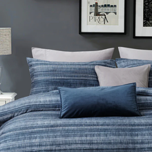 Load image into Gallery viewer, Close-up of blue textured stripe duvet cover with shams
